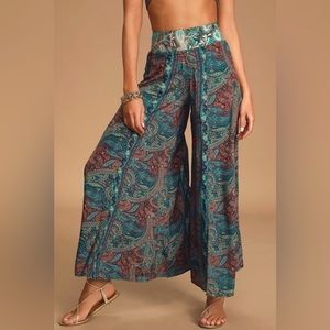 Raga for Anthropologie Skirted Palazzo Pants in Teal Paisley Print - Size Medium